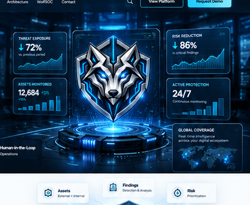 Vista premium del hero de WOLF SHIELD con escudo holográfico, paneles HUD y métricas