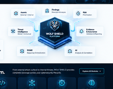 Vista del núcleo visual de plataforma WOLF SHIELD con nodos conectados y arquitectura premium